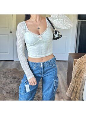 NWT Aeropostale Lace Crop Top Womens S Coquette White Pink Bow Soft Girl Y2K